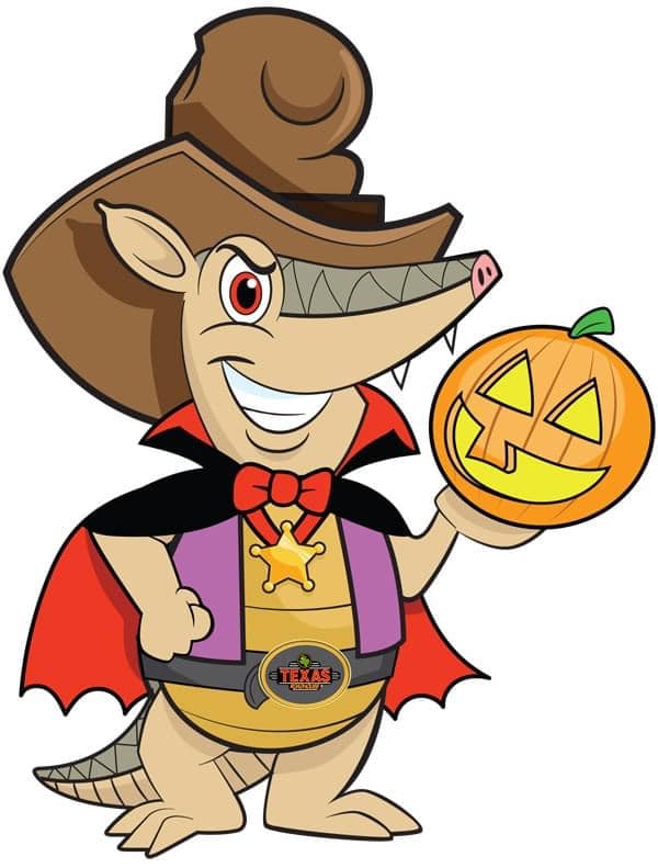 Texas Road House armadillo carrying a Jack o Lantern