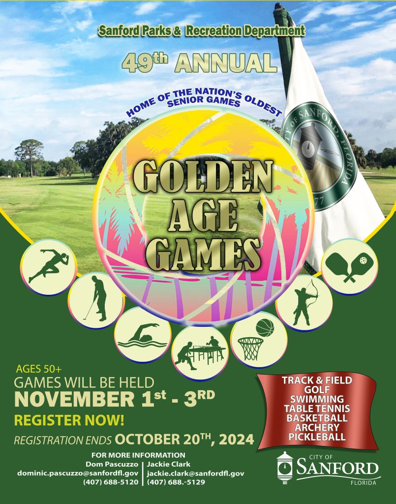 Flyer for the 2024 Gold Age Games at the Sanford Senior Center