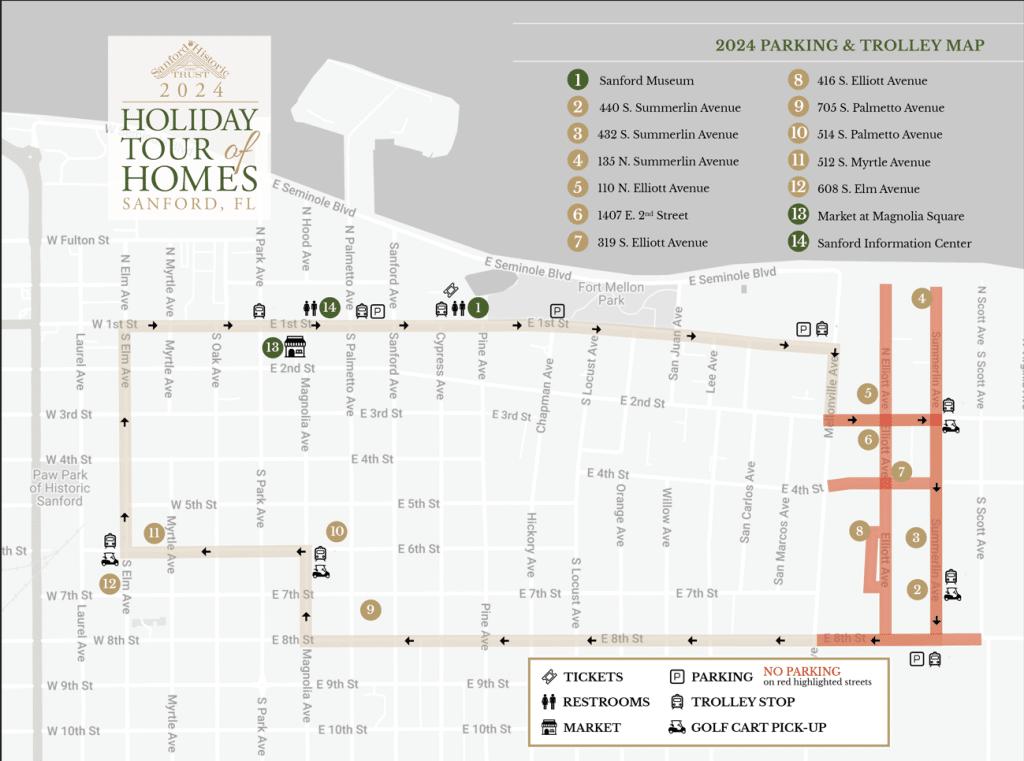A lobby highlighting the trolley route alongside the parking for the 2024 Holiday Tour of Homes