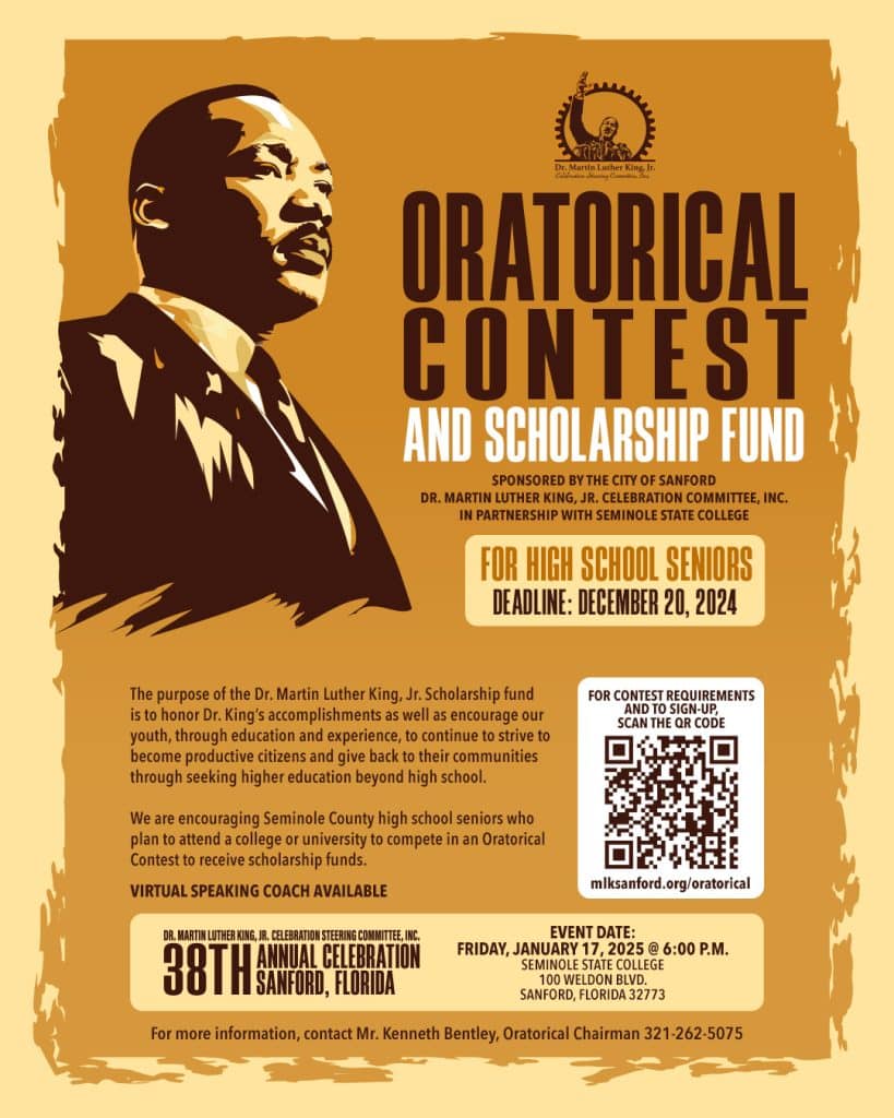 an information flyer for the 2025 Oratorical contest and scholarship fun in honor of Dr. Martin Luther King Jr