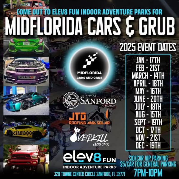 flyer advertising the monthly MidFlorida Cars and Grub events in 2025