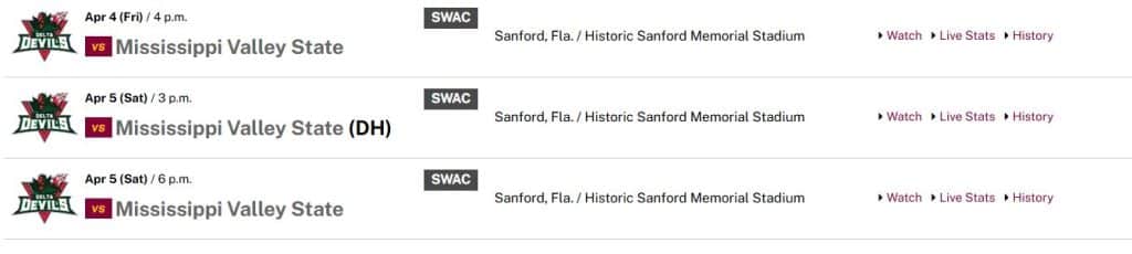 Baseball schedule for a series between the Bethune Cookman Wildcats and the Mississippi Valley Delta Devils