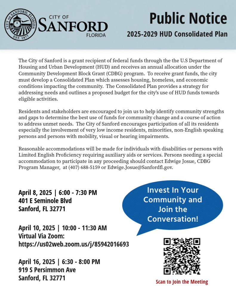 The informational flyer for the events in April 2025 to discuss the 2025-2029 HUD Consolidated Plan