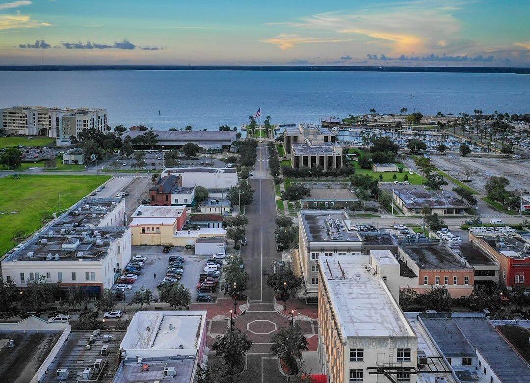 a view of downtown Sanford with Lake Monroe in the background