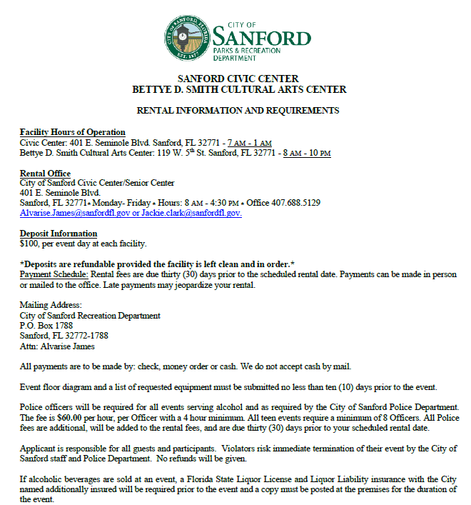 information on how to rent the Bettye Smith Cultural Arts Center and Sanford Civic Center