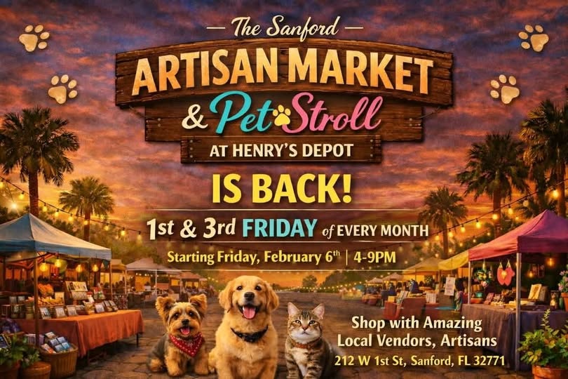 Flyer for the Artisan Market and Pet Stroll on the first and third Friday of every month at Henry's Depot from 4-9 PM